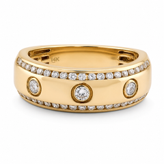 14k Yellow Gold 3 Stone Centre 2 Row Edge Lab Diamond Mens Ring Band 7.6gm