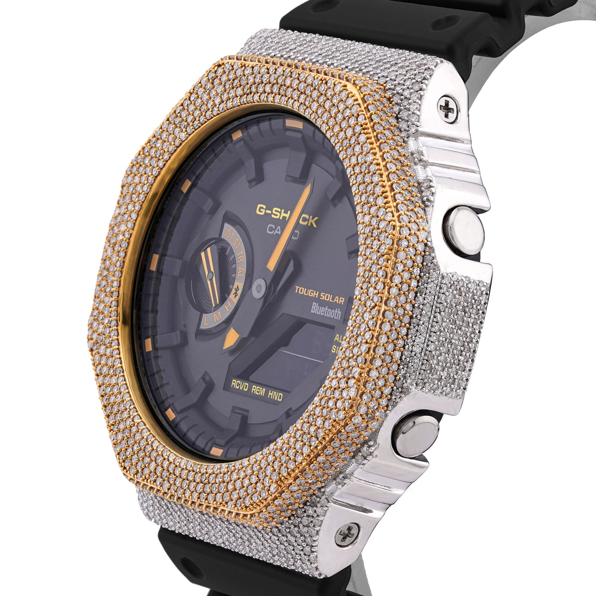Casio G-Shock GA-2100 4.6 CT Natural Diamond Two-Tone Iced Out Yellow / White Bezel Black Dial Watch