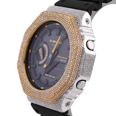 Casio G-Shock GA-2100 4.6 CT Natural Diamond Two-Tone Iced Out Yellow / White Bezel Black Dial Watch
