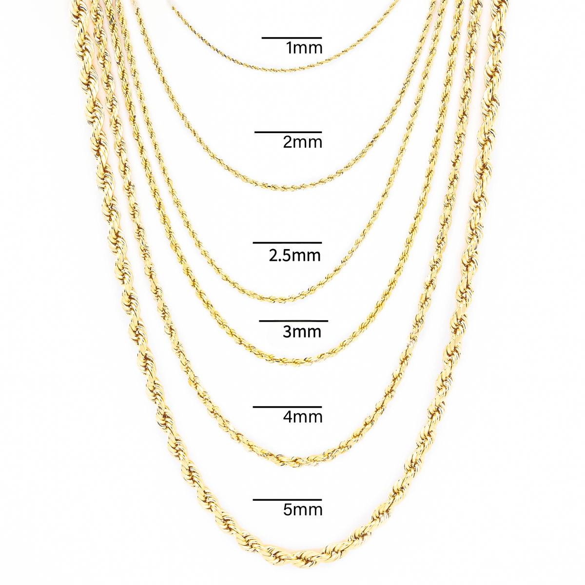 10K Yellow Gold Diamond Cut Rope Chain Necklace 1mm-12mm Mens Womens 16" - 30"