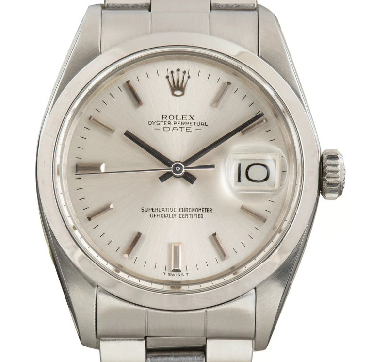Rolex Oyster Perpetual Date Silver Stick Dial on Oyster Steel Bracelet Ref. 1500 1966