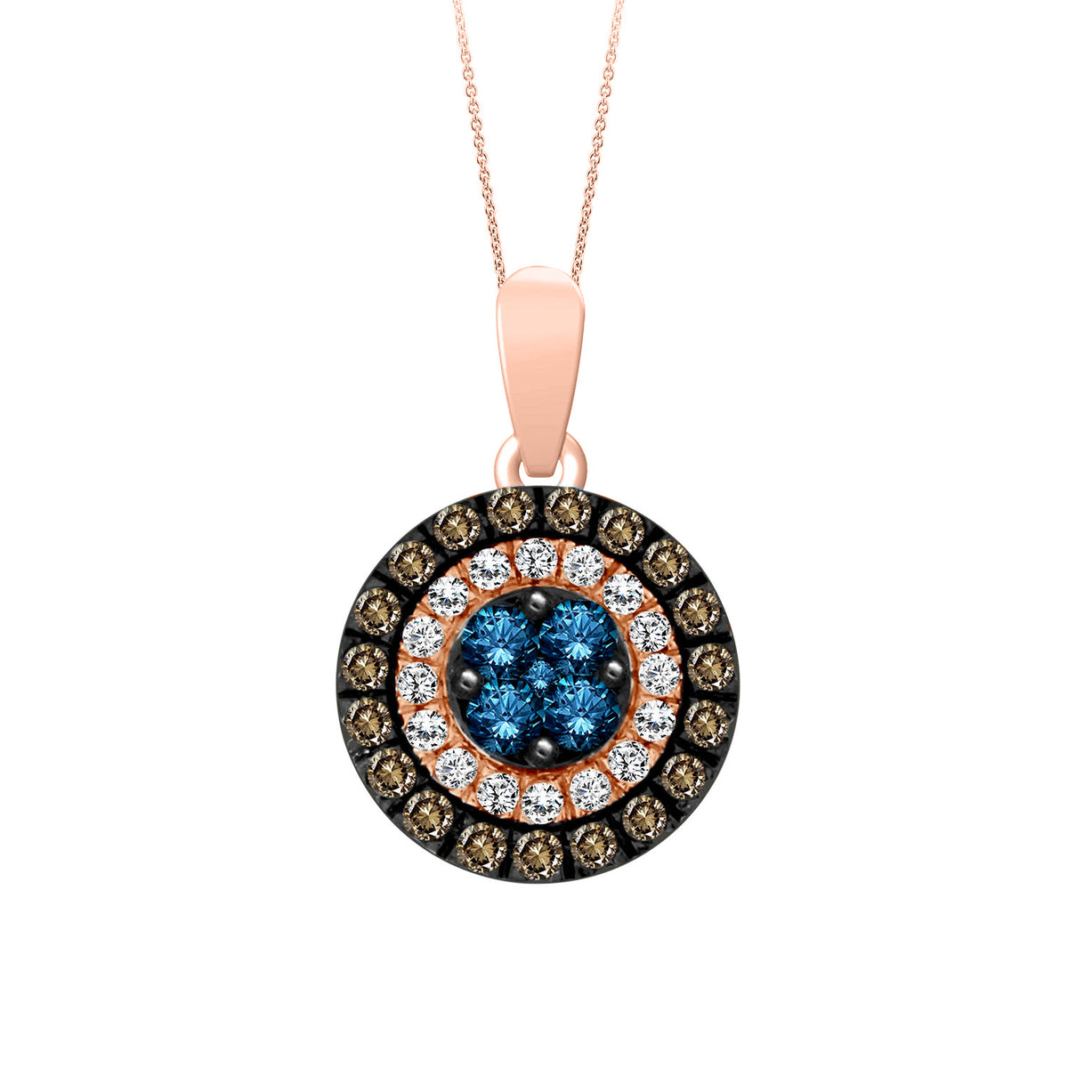 LADIES PENDANT WITH CHAIN 0.60CT DARK BROWN/BLUE SAPPHIRE/ROUND DIAMOND 14K ROSE GOLD