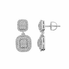 LADIES EARRINGS 1.00CT ROUND/BAGUETTE DIAMOND 14K WHITE GOLD