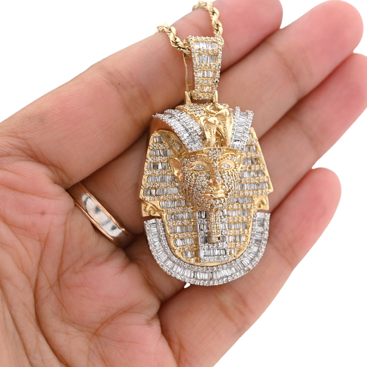 10k Yellow Gold Egyptian Mummy Pharoh 5CTW  Narutal Diamond Pendant Mens Charm 29.8g