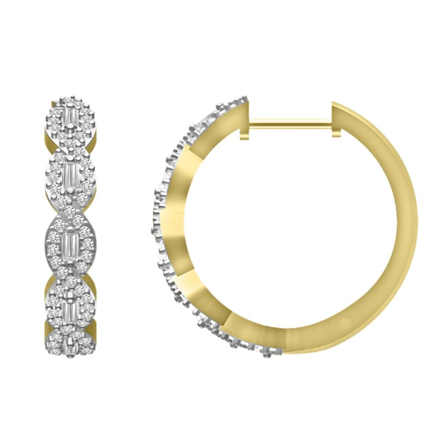 LADIES HOOP EARRINGS 0.50CT ROUND/BAGUETTE DIAMOND 10K YELLOW GOLD