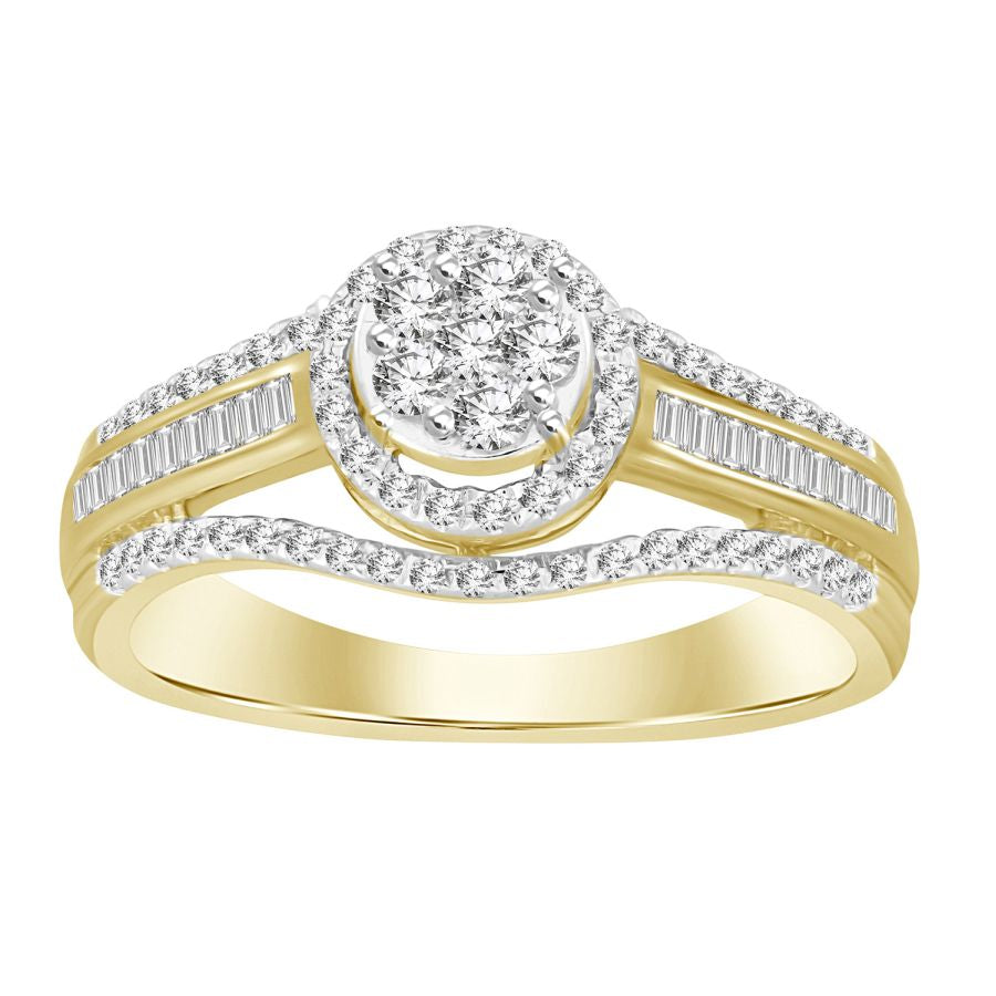 LADIES RING 0.50CT ROUND/BAGUETTE DIAMOND 10K YELLOW GOLD