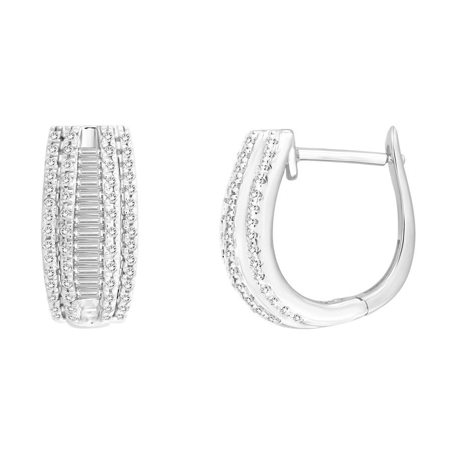 LADIES HOOP EARRINGS 0.50CT ROUND/BAGUETTE DIAMOND 10K WHITE GOLD