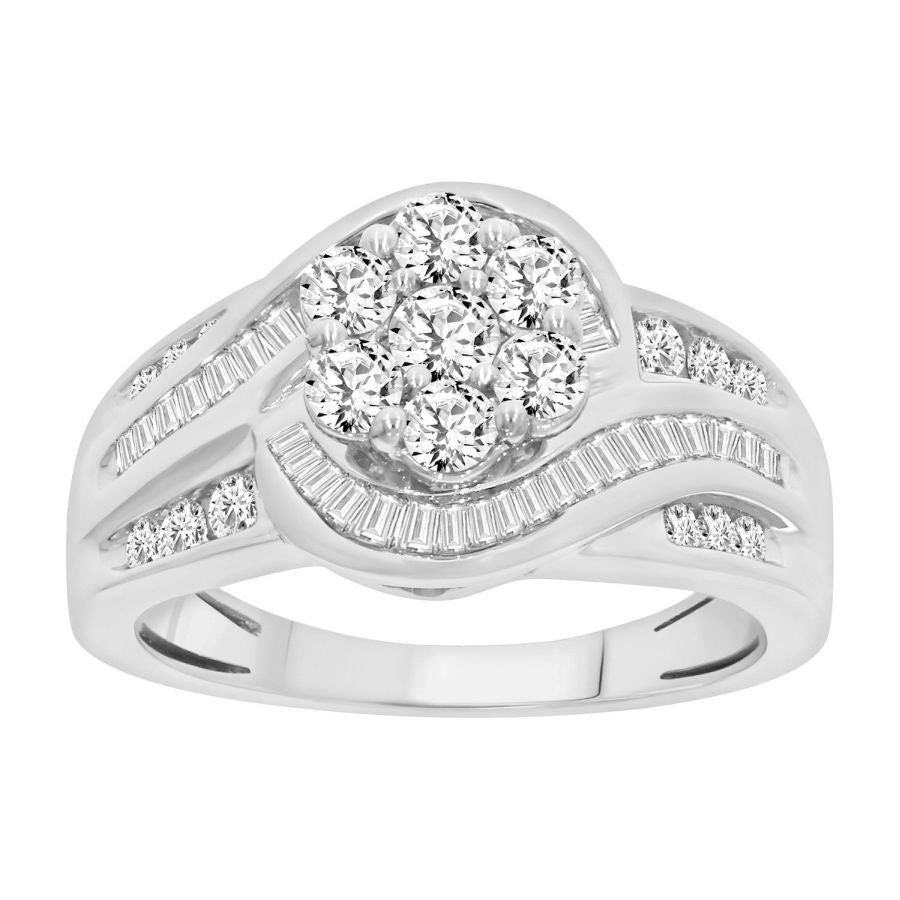 LADIES RING 1.00CT ROUND/BAGUETTE DIAMOND 14K WHITE GOLD (SI QUALITY)