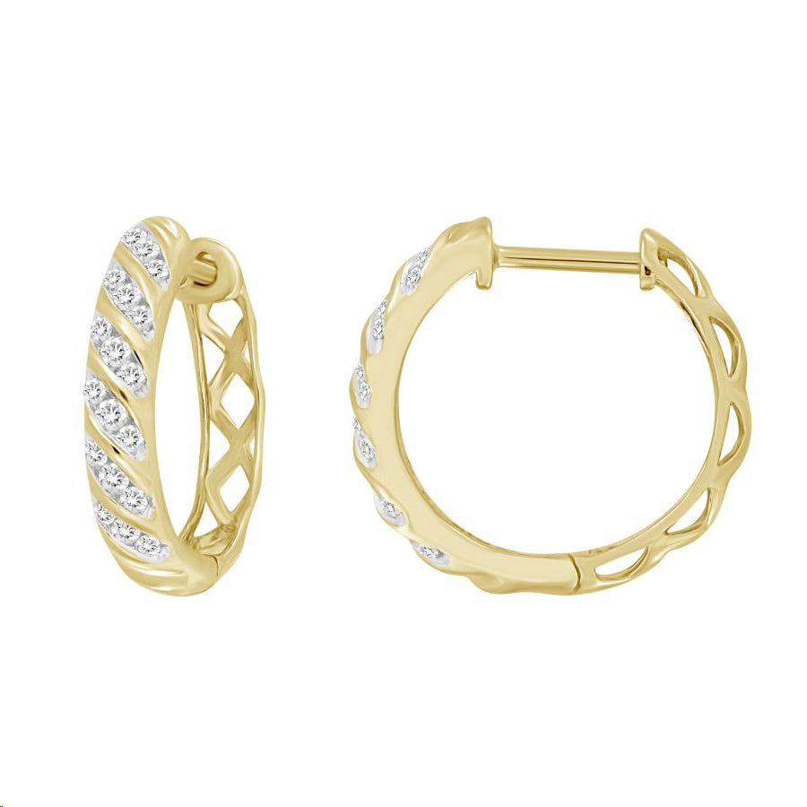 LADIES HOOPS EARRINGS 0.25CT ROUND DIAMOND 10K YELLOW GOLD