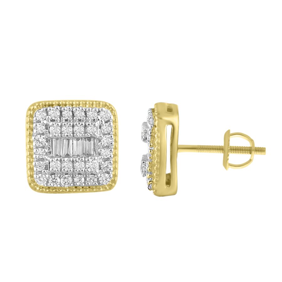 LADIES EARRINGS 0.25CT ROUND/BAGUETTE DIAMOND 10K YELLOW GOLD