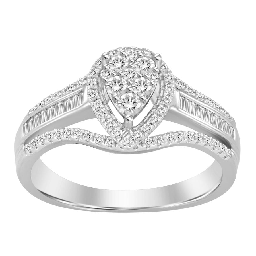 LADIES RING 0.50CT ROUND/BAGUETTE DIAMOND 10K WHITE GOLD