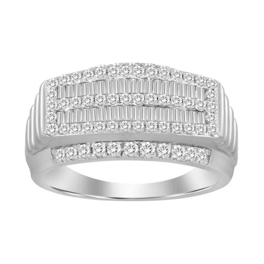 MEN'S RING 1.00CT ROUND/BAGUETTE DIAMOND 10K WHITE GOLD