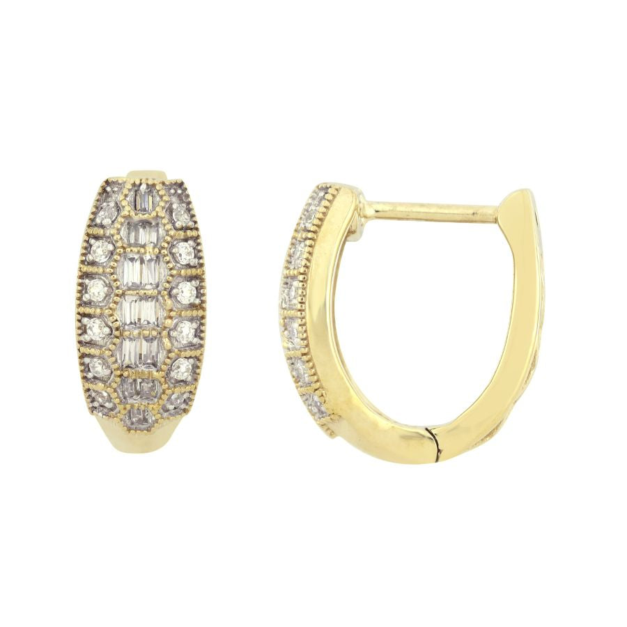 LADIES HOOP EARRINGS 0.50CT ROUND/BAGUETTE DIAMOND 10K YELLOW GOLD