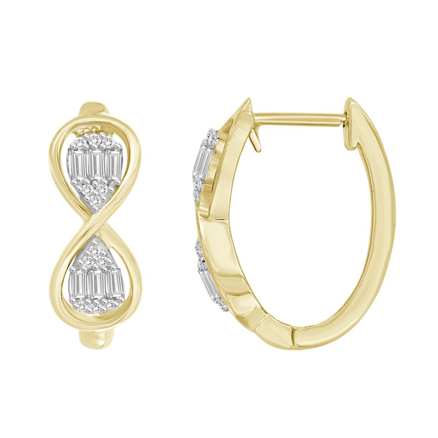 LADIES HOOP EARRINGS 0.25CT ROUND/BAGUETTE DIAMOND 10K YELLOW GOLD