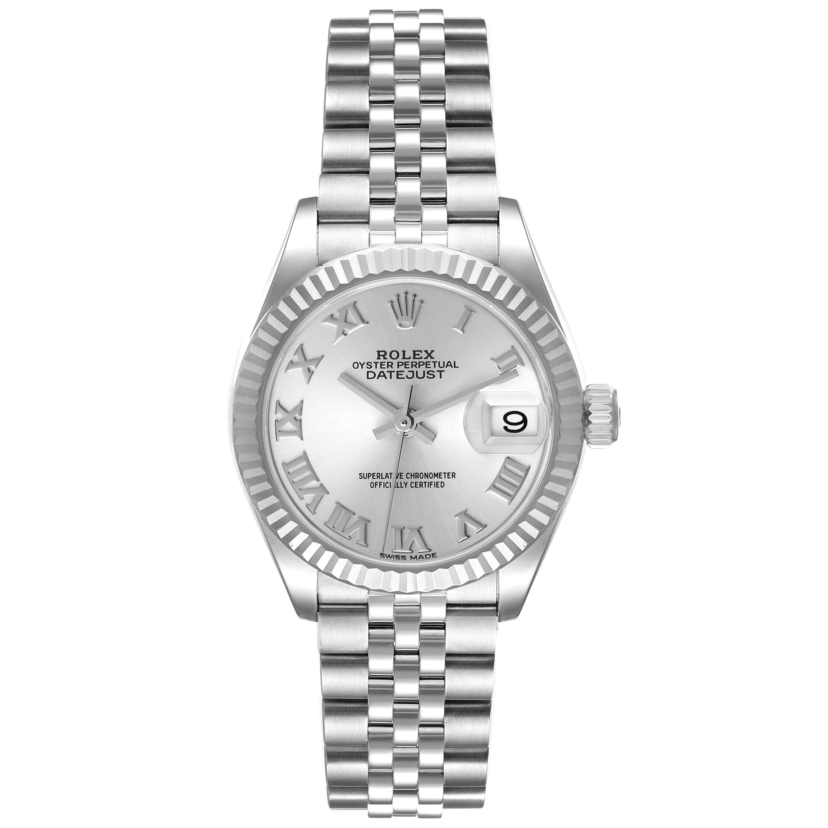 Rolex Datejust 28mm 18k White Gold Fluted Bezel Silver Dial Stainless Steel Jubilee Watch 279174