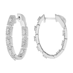 LADIES HOOP EARRINGS 1.00CT ROUND/BAGUETTE DIAMOND 14K WHITE GOLD