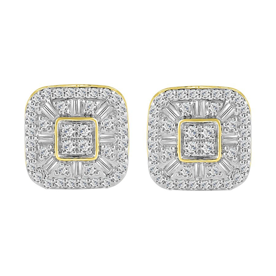 LADIES STUD EARRINGS 1.00CT ROUND/BAGUETTE DIAMOND 10K YELLOW GOLD