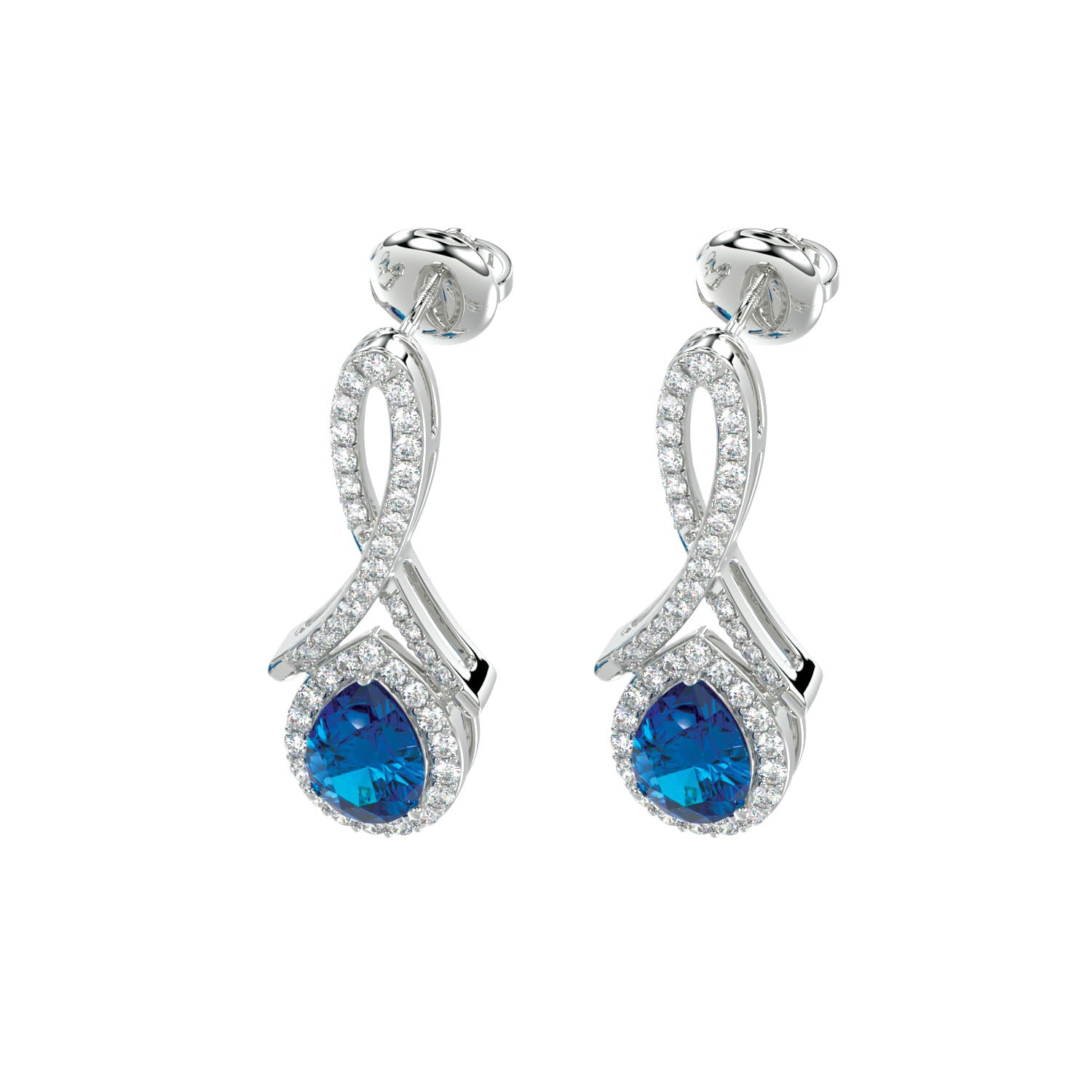 LADIES EARRING 1.85CT ROUND/ PEAR DIAMOND 14K TANZANITE STONE WHITE GOLD  (PEAR DIAMOND 1.35CT)