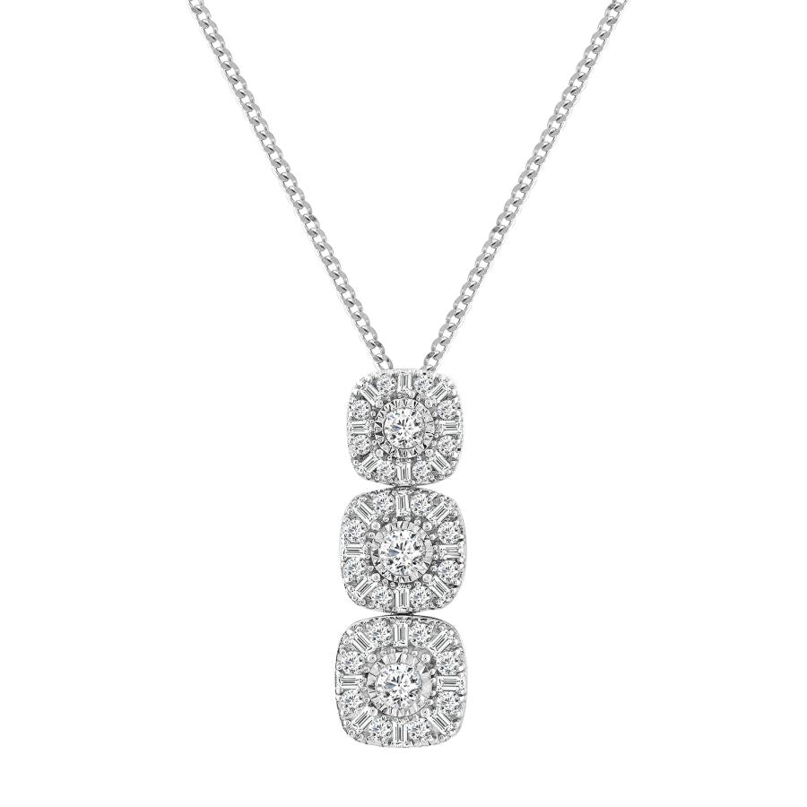 LADIES PENDANT WITH CHAIN 1.00CT ROUND/BAGUETTE DIAMOND 10K WHITE GOLD