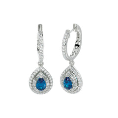 LADIES HOOPS EARRING 1.40CT ROUND/ PEAR DIAMOND 14K WHITE GOLD (CENTER STONE TANZANITE PEAR DIAMOND 0.80CT)