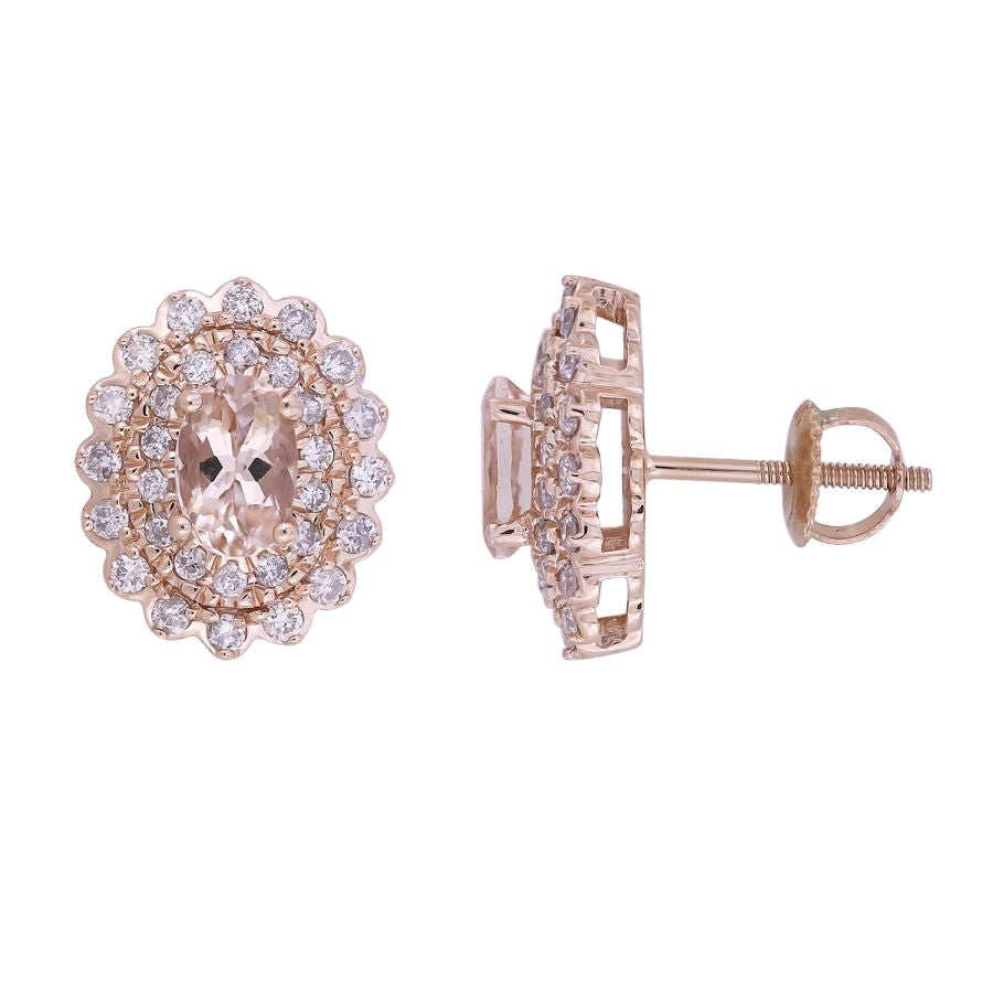 LADIES EARRINGS 1.33CT ROUND/OVAL DIAMOND 14K ROSE GOLD (CENTER STONE MORGANITE OVAL DIAMOND-0.75CT)