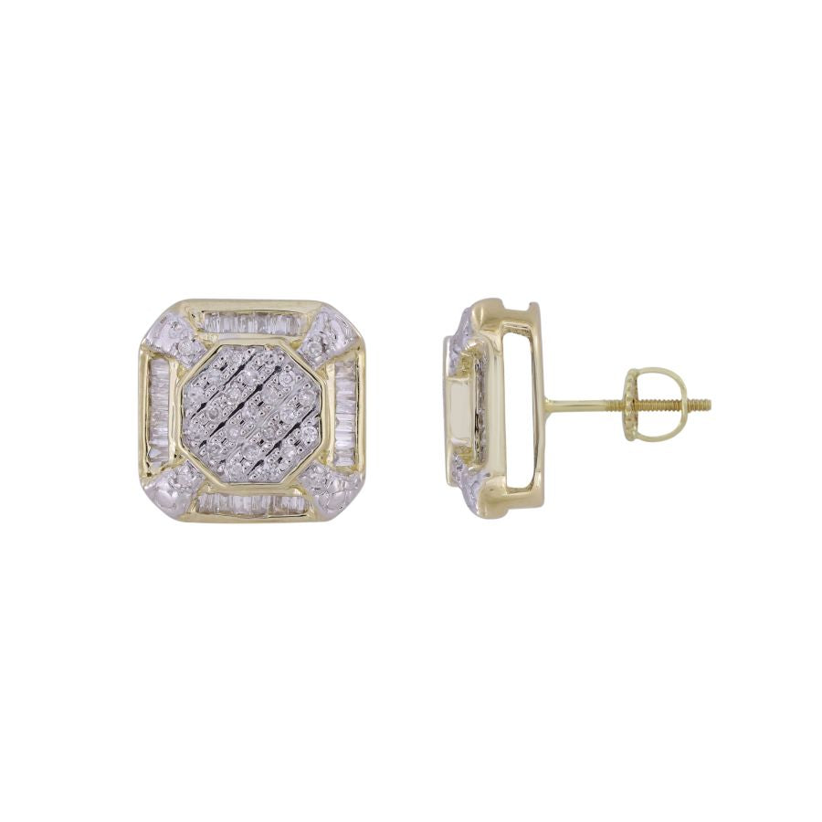 LADIES STUD EARRINGS 0.33CT ROUND/BAGUETTE DIAMOND 10K YELLOW GOLD