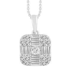 LADIES PENDANT WITH CHAIN 0.50CT ROUND/PRINCESS/BAGUETTE DIAMOND 14K WHITE GOLD