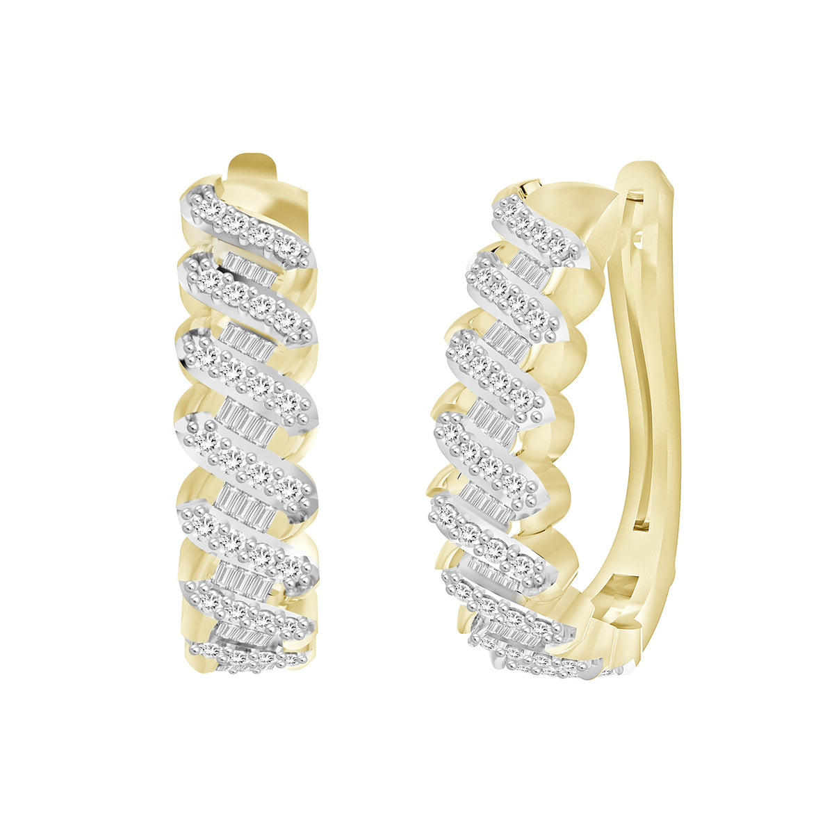 LADIES HOOPS EARRINGS 0.50CT ROUND/BAGUETTE DIAMOND 14K YELLOW GOLD