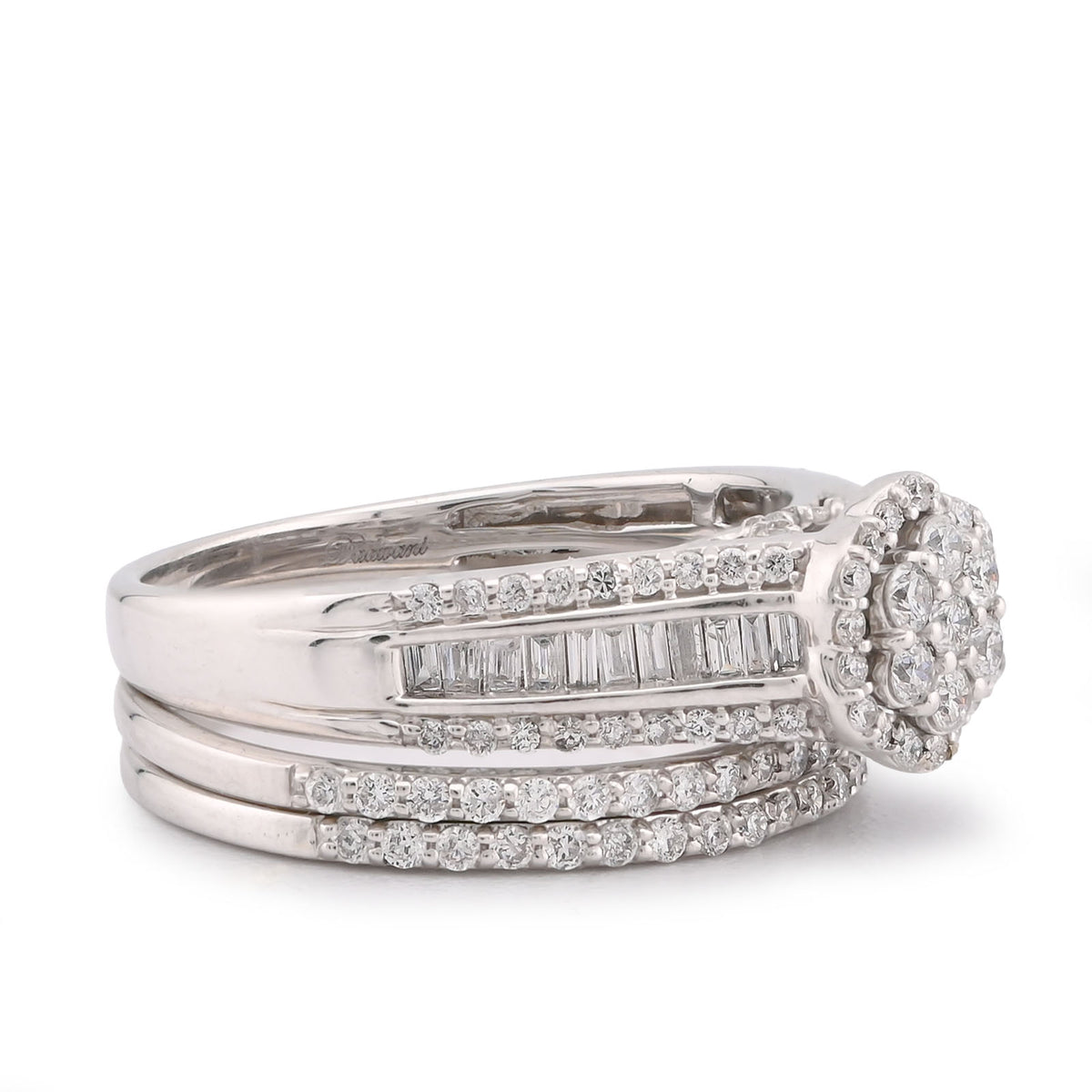 14K White Gold 1CTW Natural Diamond Flower Cluster Centre Halo Baguette Womens Wedding Ring w/ Band 5.6g