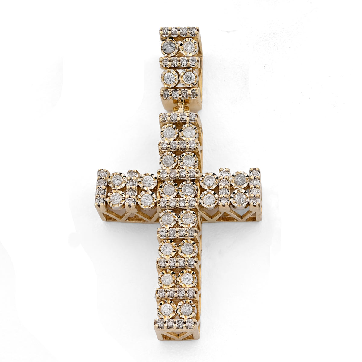 10k Yellow Gold 1CTW Pure Diamond Double Cluster Cross Pendant 6g Cageback Charm
