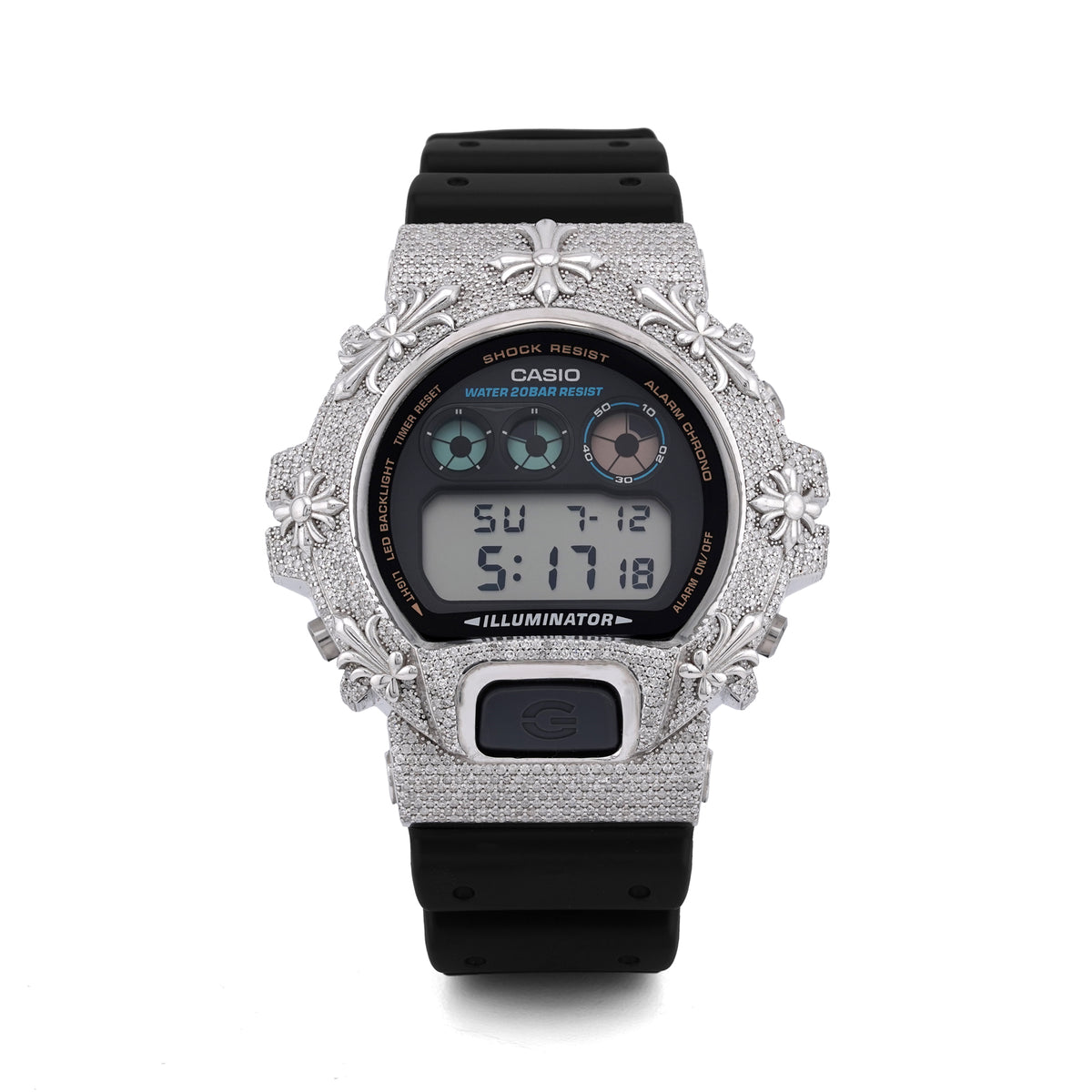 Casio G-Shock DW-6900 3.5 CT Natural Diamond Iced Out White Chrome Heart Cross Watch