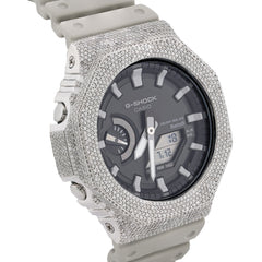 Casio G-Shock GA-2100 4.6 CT Natural Diamond White Iced Out Bezel Gray Band Watch