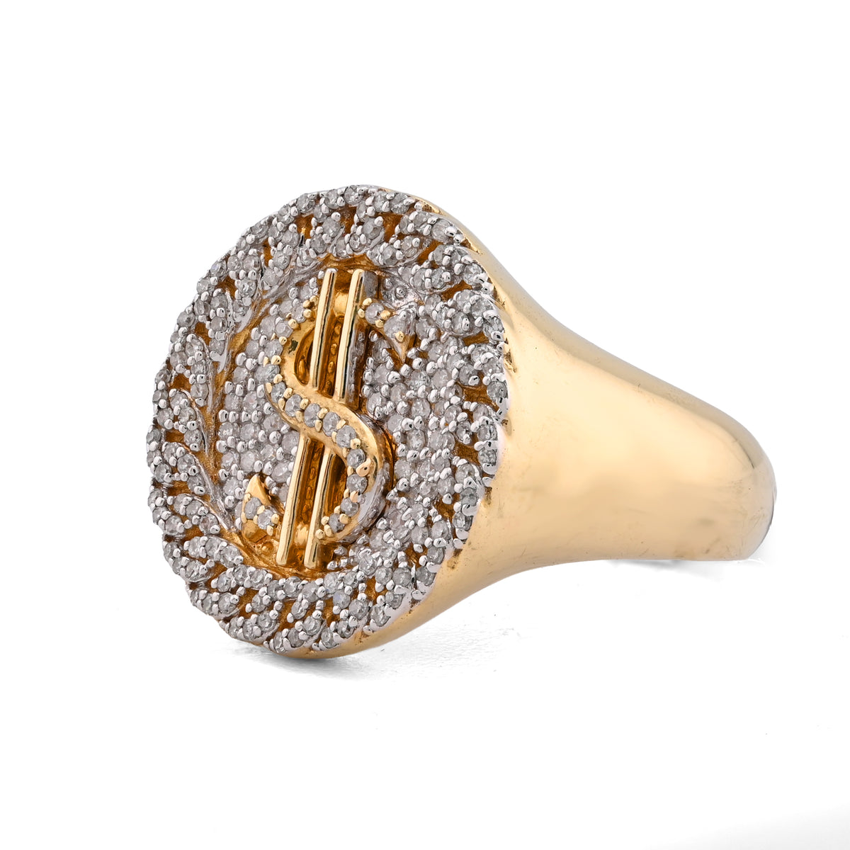 10k Gold Dollar Sign $ Round 0.70CTW Natural Diamond Cuban Edge Mens Pinky Ring 9.6gms