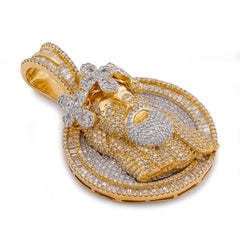 10k Yellow Gold 3.45CTW Round/Baguette Natural Diamond Round Shape Jesus Head Cross Crown Pendant 17.7g Charm