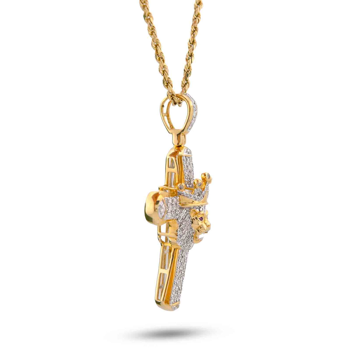 Mens 10k Yellow Gold 1CTW Natural Diamond Cross Pendant Lion Face w/ Crown Centre Pendant 6.6gm
