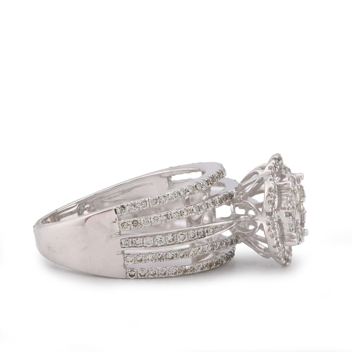 14k White Gold 0.99CTW Flower Shape Multi Row Band Natural Diamond Womens Ring 4.4gms