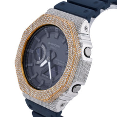 Casio G-Shock GA-2100 4.6 CT Natural Diamond Two-Tone Yellow / White Iced Out Blue Band Watch