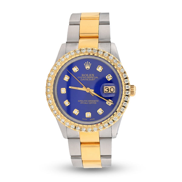 Mens Rolex Datejust 36MM Oyster SS/10k Gold 2CTW Diamond Bezel Blue Face Watch