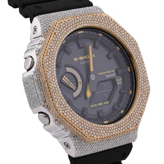 Casio G-Shock GA-2100 4.6 CT Natural Diamond Two-Tone Iced Out Yellow / White Bezel Black Dial Watch