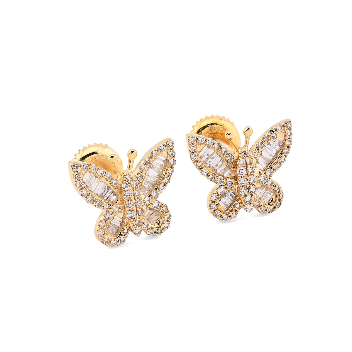 10k Yellow Gold 0.45CTW Round/Baguette Pure Diamond Butterfly 2.2g Stud Earring