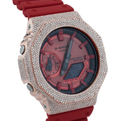 Casio G-Shock GA-2100 4.6 CT Natural Diamond Rose Iced Out Red Watch