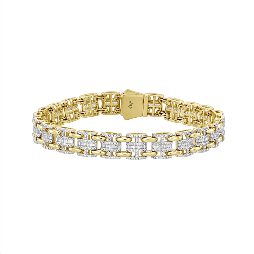 MEN'S BRACELET 2.60CT ROUND/BAGUETTE DIAMOND 10K YELLOW GOLD