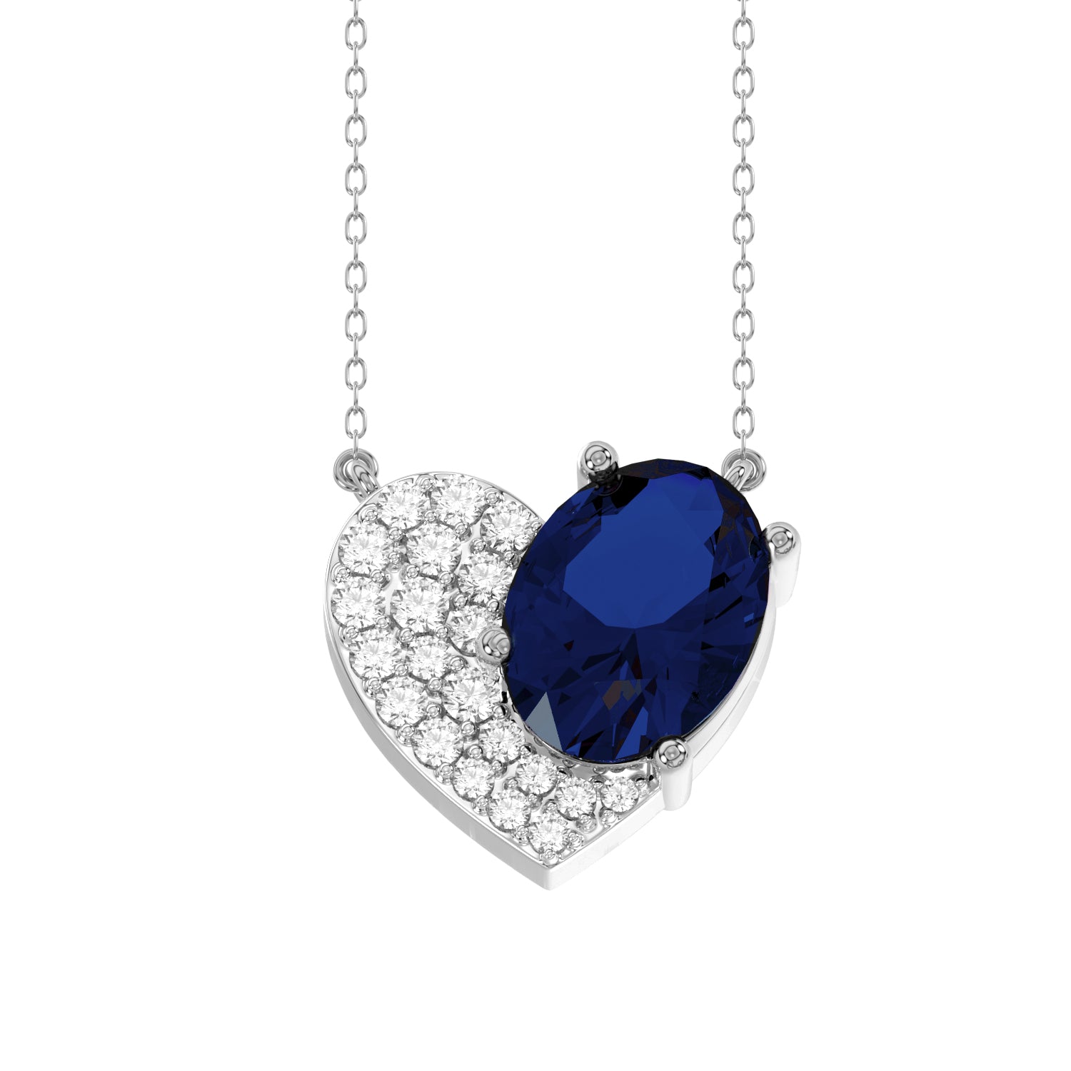 LADIES PENDANT WITH CHAIN 1.65CT ROUND/OVAL/BLUE SAPPHIRE DIAMOND 14K WHITE GOLD (CENTER STONE OVAL BLUE SAPPHIRE-1.50CT)