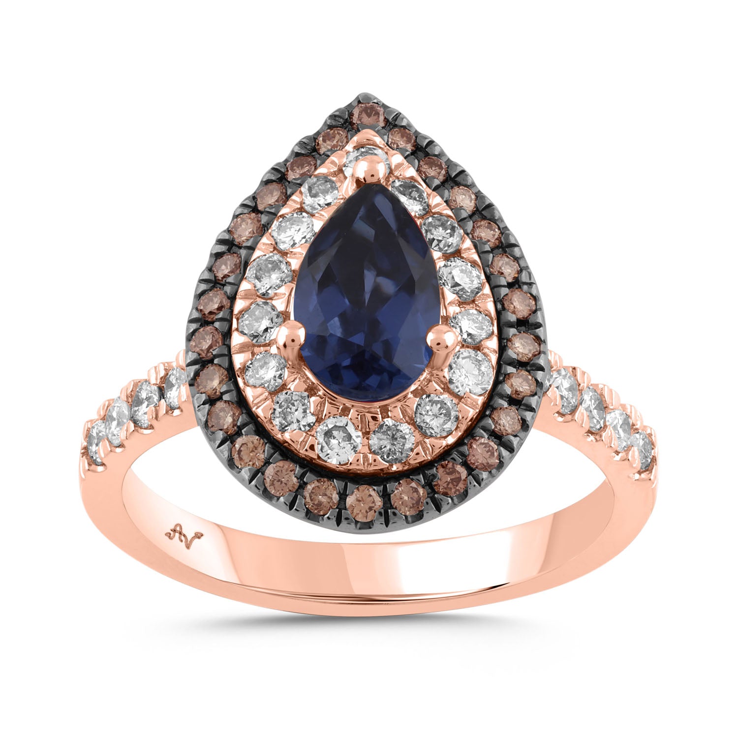 LADIES RING 2.25CT ROUND/DARK BROWN/PEAR DIAMOND 14K ROSE GOLD (CENTER STONE PEAR SAPPHIRE DIAMOND-1.50CT)