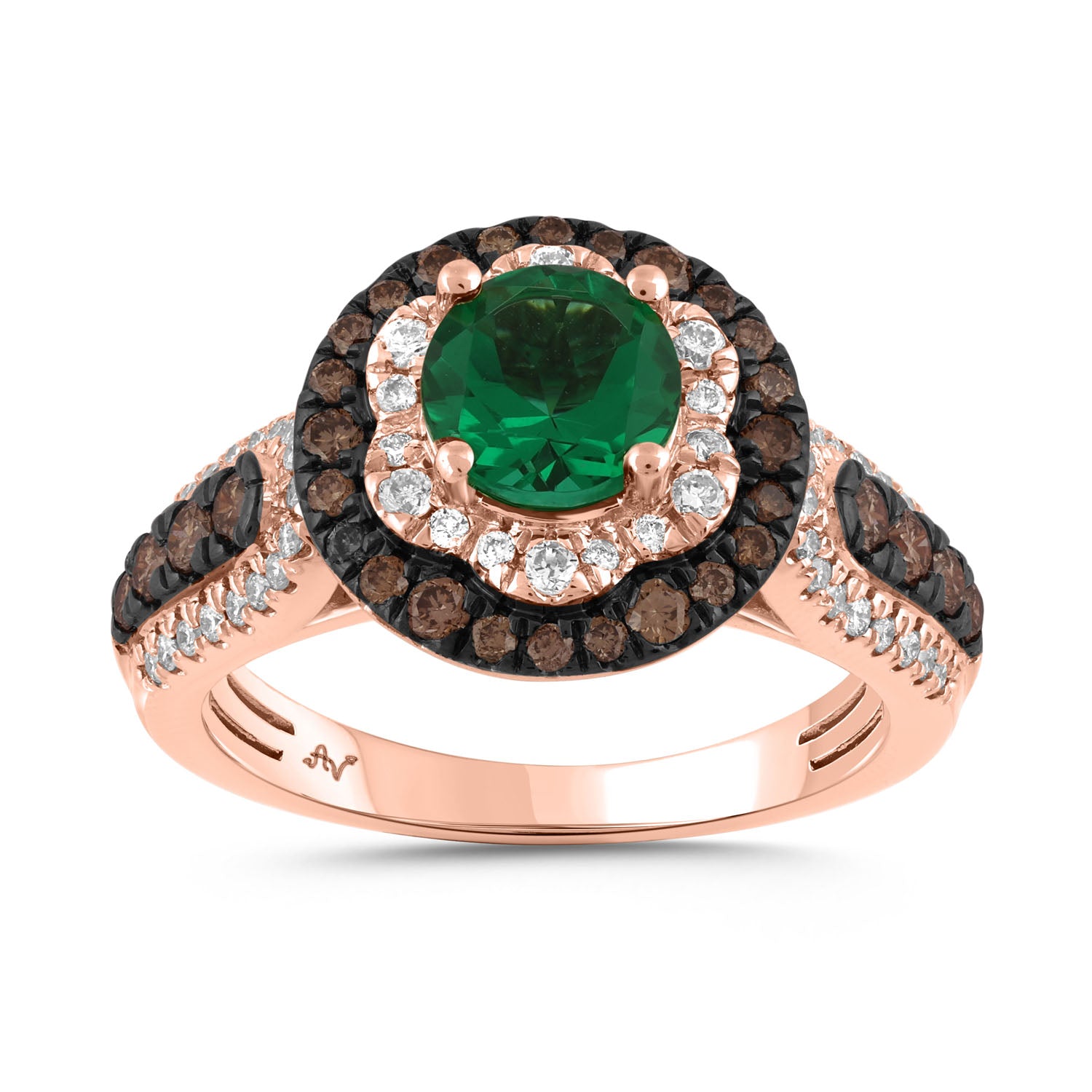 LADIES RING 1.50CT ROUND/DARK BROWN/EMERALD DIAMOND 14K ROSE GOLD (CENTER STONE EMERALD DIAMOND-0.88CT)