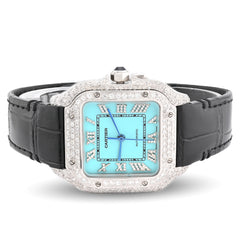 Mens Cartier Santos 35MM 4.5CTW Natural Diamond Leather Strap Band Tiffany Blue Face Watch