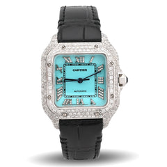 Mens Cartier Santos 35MM 4.5CTW Natural Diamond Leather Strap Band Tiffany Blue Face Watch