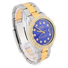 Mens Rolex Datejust 36MM Oyster SS/10k Gold 2CTW Diamond Bezel Blue Face Watch