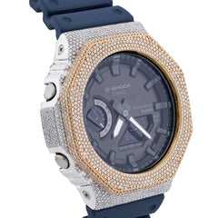 Casio G-Shock GA-2100 4.6 CT Natural Diamond Two-Tone Yellow / White Iced Out Blue Band Watch