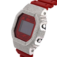 Casio G-Shock DW-5600 4.50 CT Natural Diamond White Iced Out Bezel Red Digital Watch